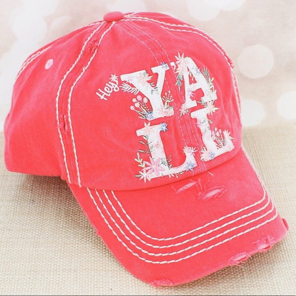Distressed Salmon Floral ‘Hey Y’all’ Cap - Picture 2 of 3